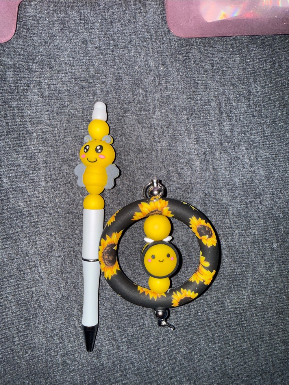 Hand Crafted Yellow Sunflower Bee Key Ring and Charm Pen Set